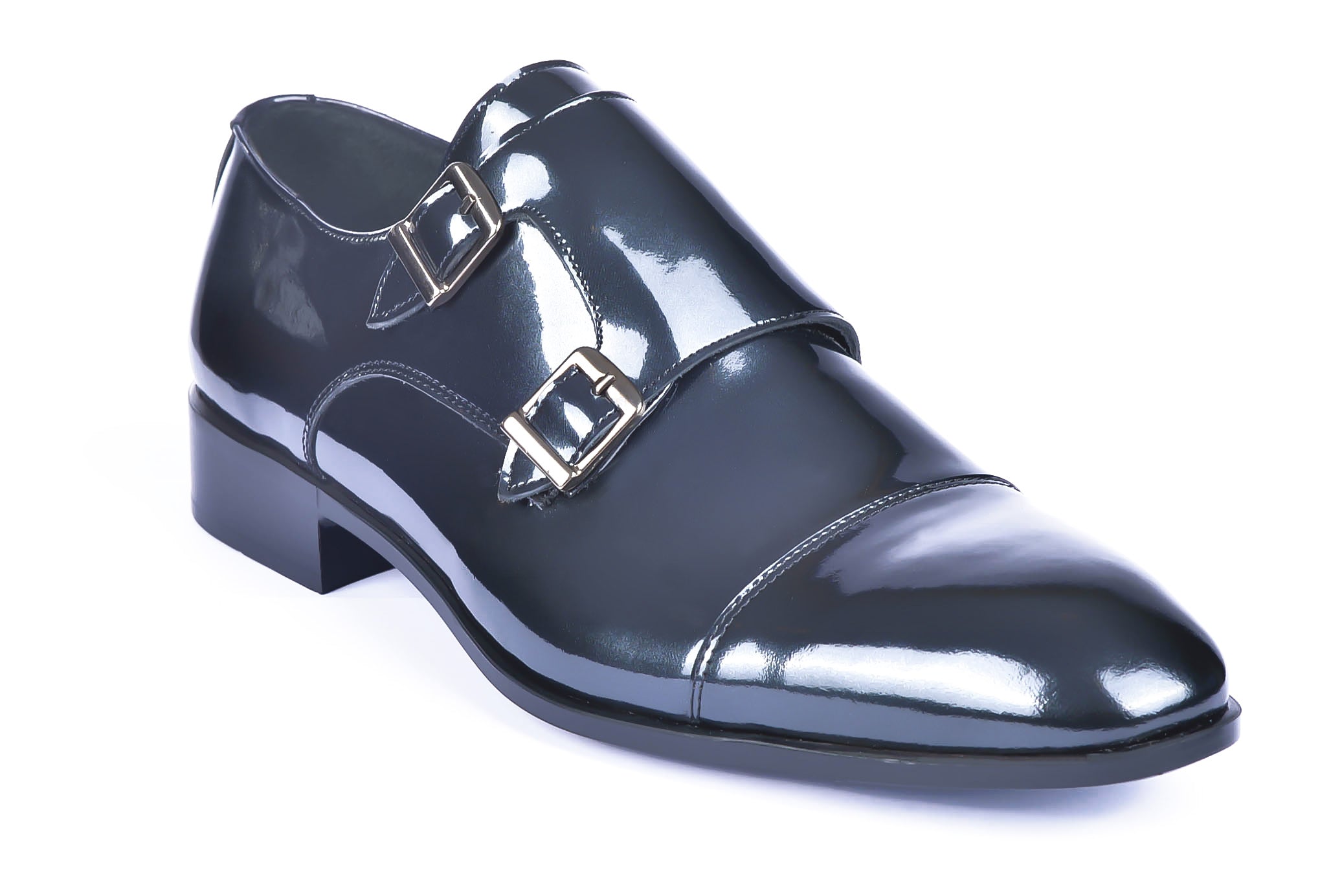 Chaussures en Cuir gris anthracite Brillant double boucles