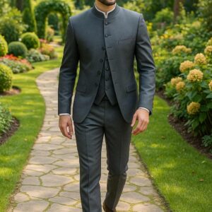 Costume de Cérémonie 4 pièces gris Col Mao