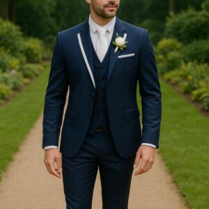 Costume de cérémonie 4 pièces Bleu Revers Blanc